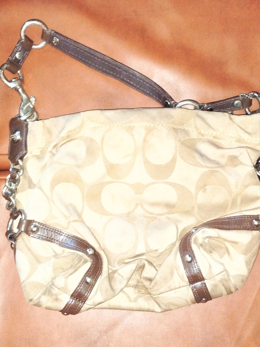 Coach Beige Signature Shoulder Bag with Brown Trim